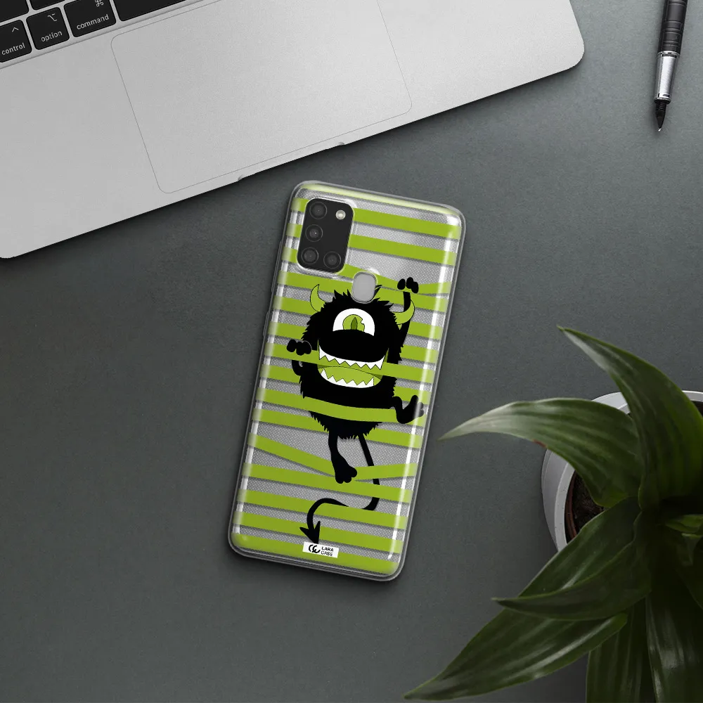 a black monster with horns and green stripes Samsung A21S Clear TPU Case