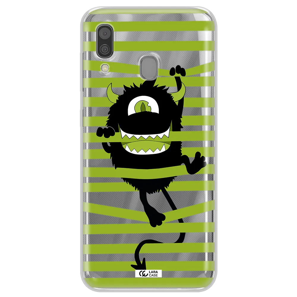 a black monster with horns and green stripes Samsung A30 Clear TPU Case
