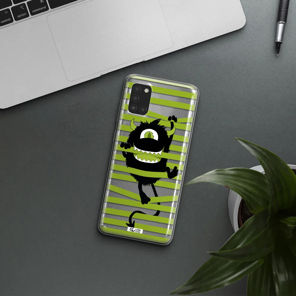 a black monster with horns and green stripes Samsung A31 Clear TPU Case