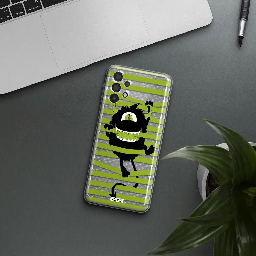 a black monster with horns and green stripes Samsung A32 Clear TPU Case