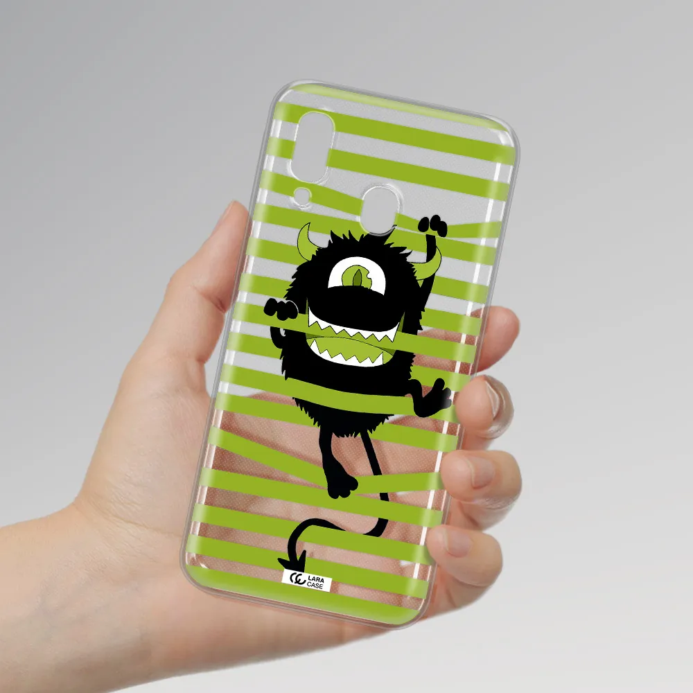 a black monster with horns and green stripes Samsung A40 Clear TPU Case
