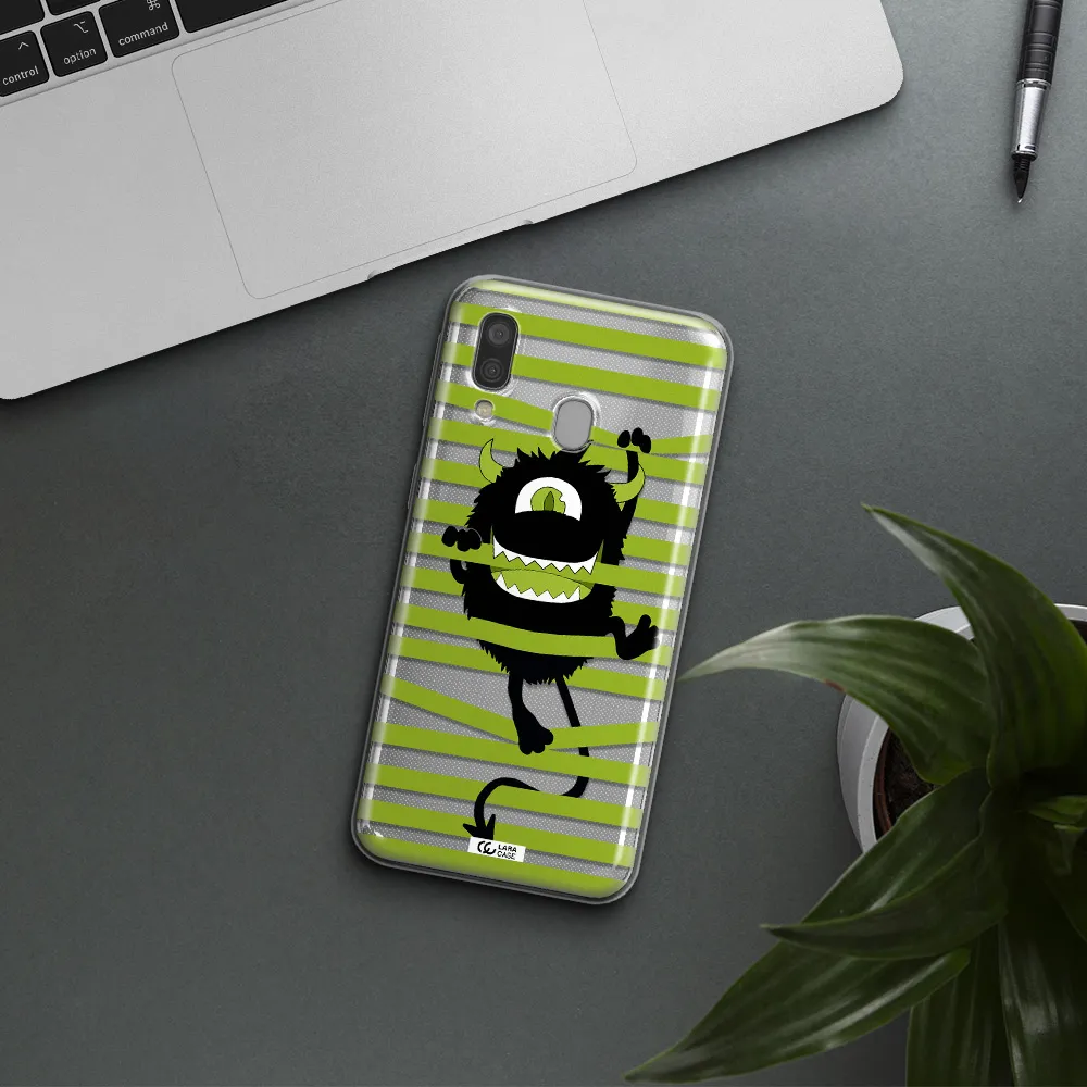 a black monster with horns and green stripes Samsung A40 Clear TPU Case