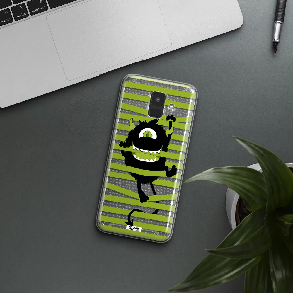 a black monster with horns and green stripes Samsung A6 Clear TPU Case