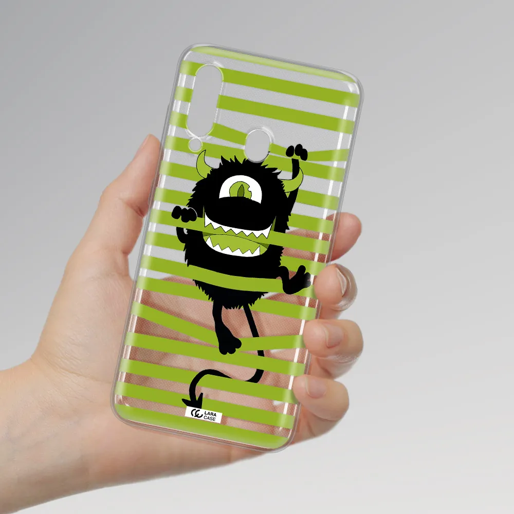 a black monster with horns and green stripes Samsung A60 Clear TPU Case