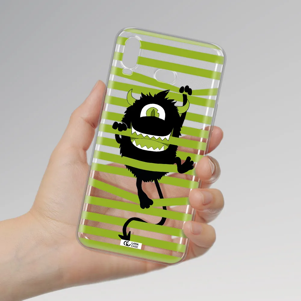 a black monster with horns and green stripes Samsung A6S Clear TPU Case