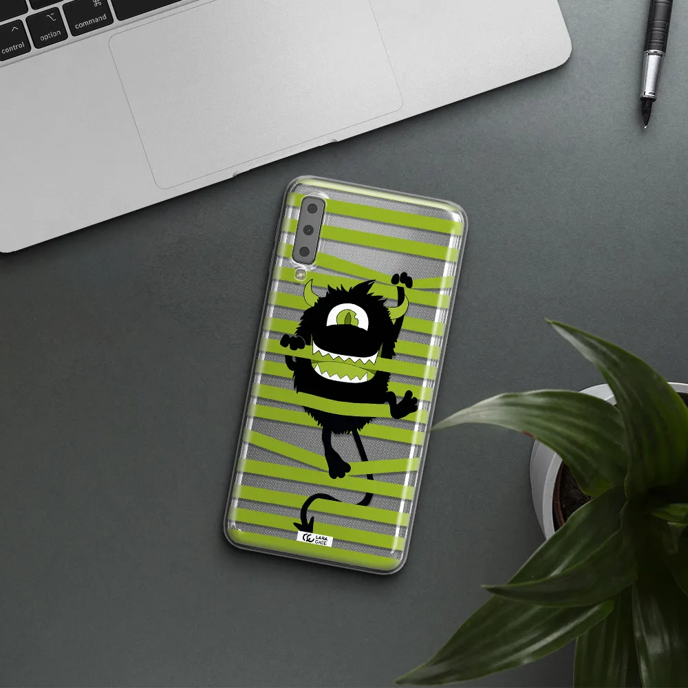 a black monster with horns and green stripes Samsung A7 2018 Clear TPU Case