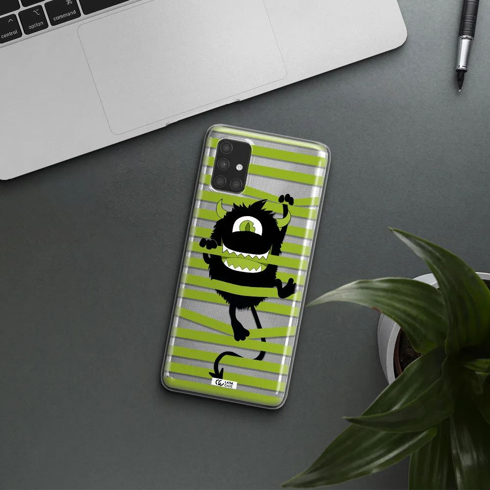 a black monster with horns and green stripes Samsung A71 Clear TPU Case