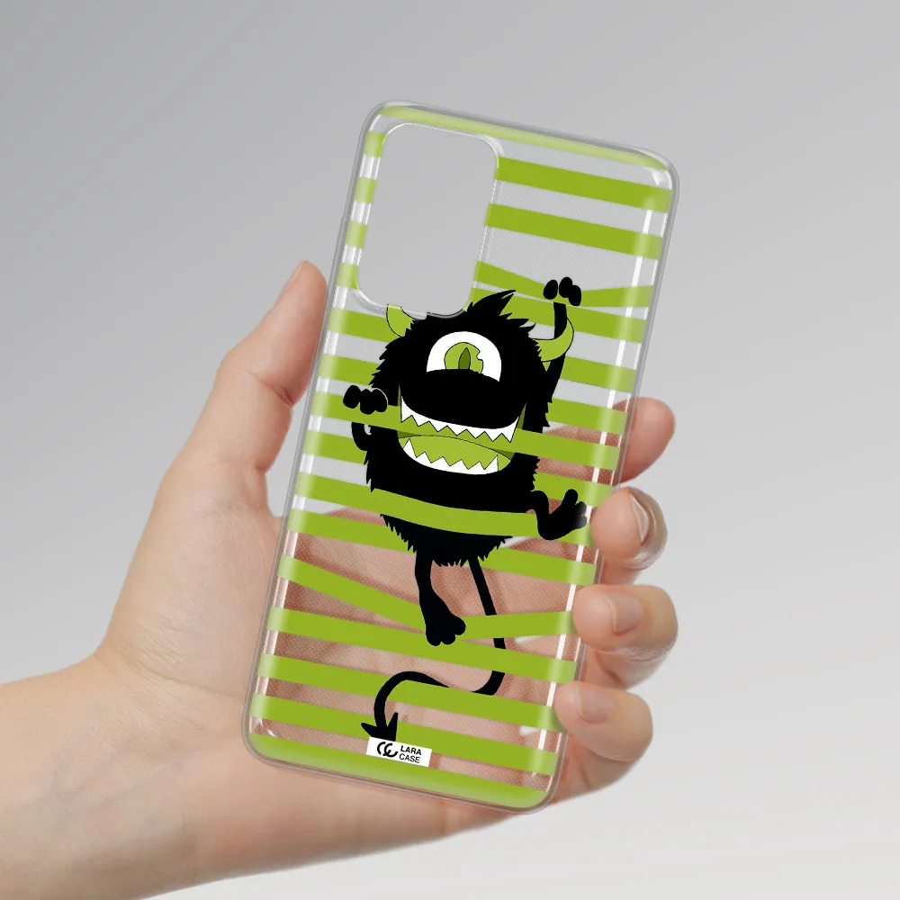 a black monster with horns and green stripes Samsung A72 Clear TPU Case