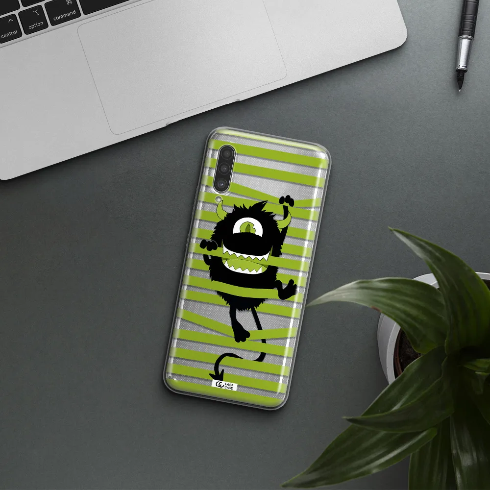 a black monster with horns and green stripes Samsung A90 Clear TPU Case