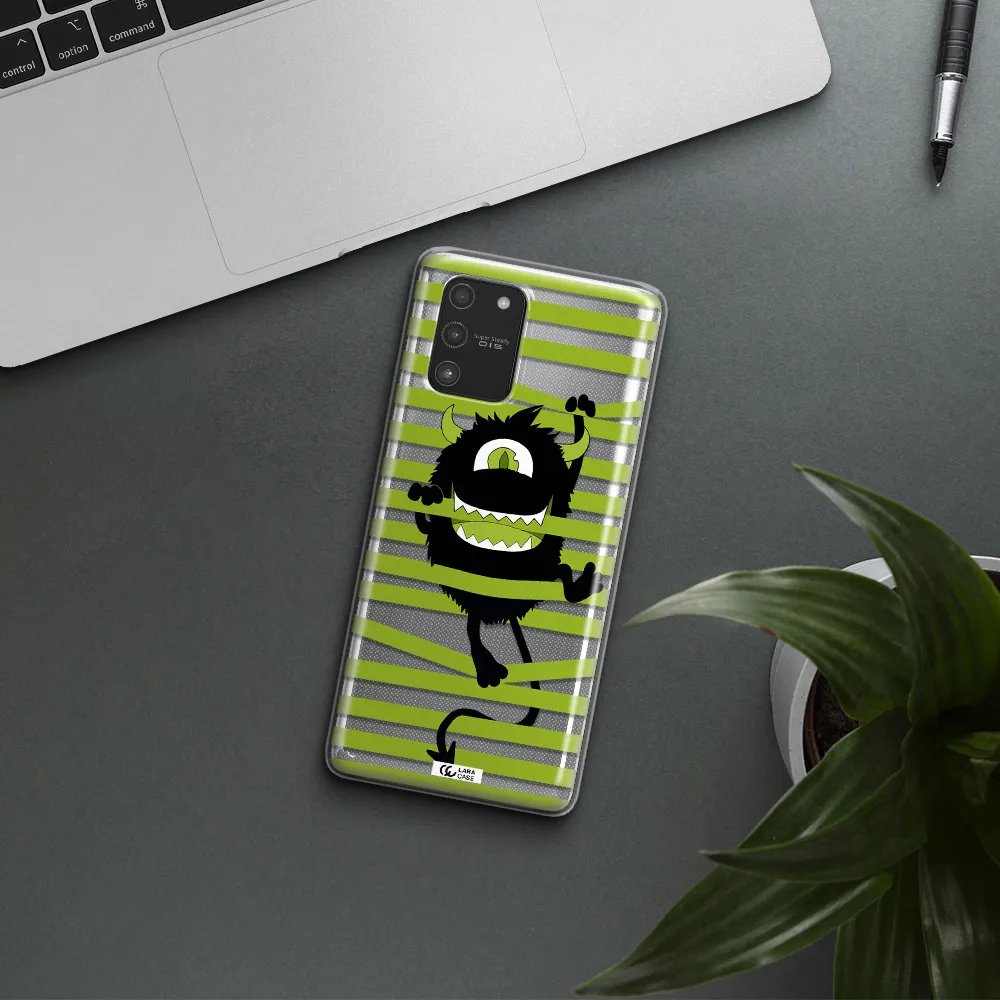 a black monster with horns and green stripes Samsung A91 Clear TPU Case