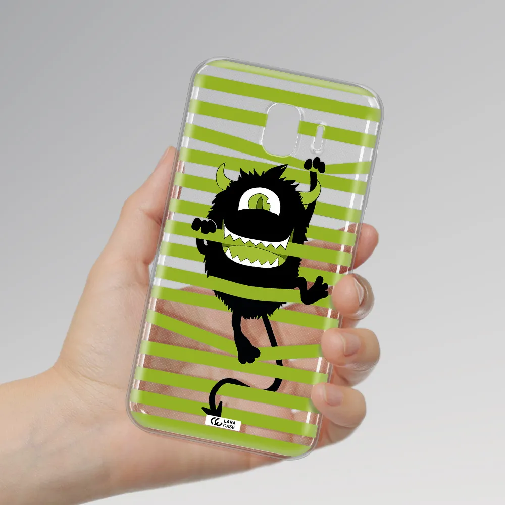 a black monster with horns and green stripes Samsung J4 Clear TPU Case