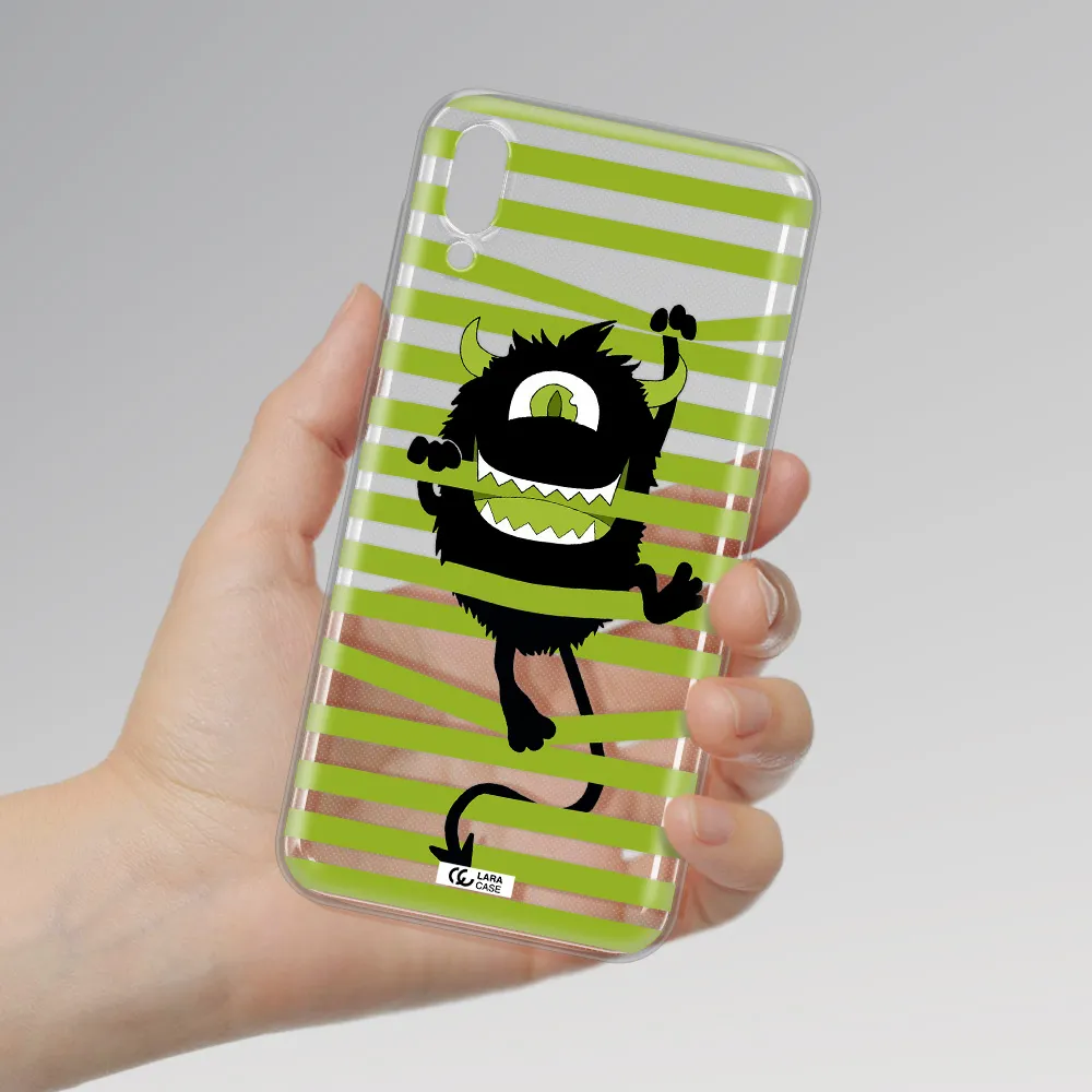 a black monster with horns and green stripes Samsung M10 Clear TPU Case