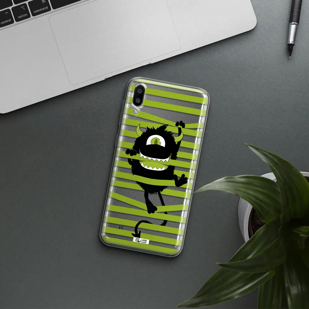 a black monster with horns and green stripes Samsung M10 Clear TPU Case
