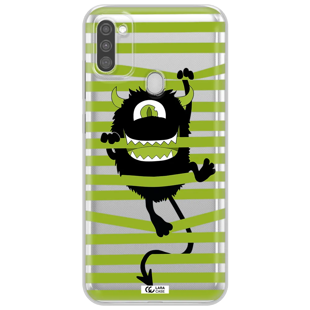 a black monster with horns and green stripes Samsung M11 Clear TPU Case