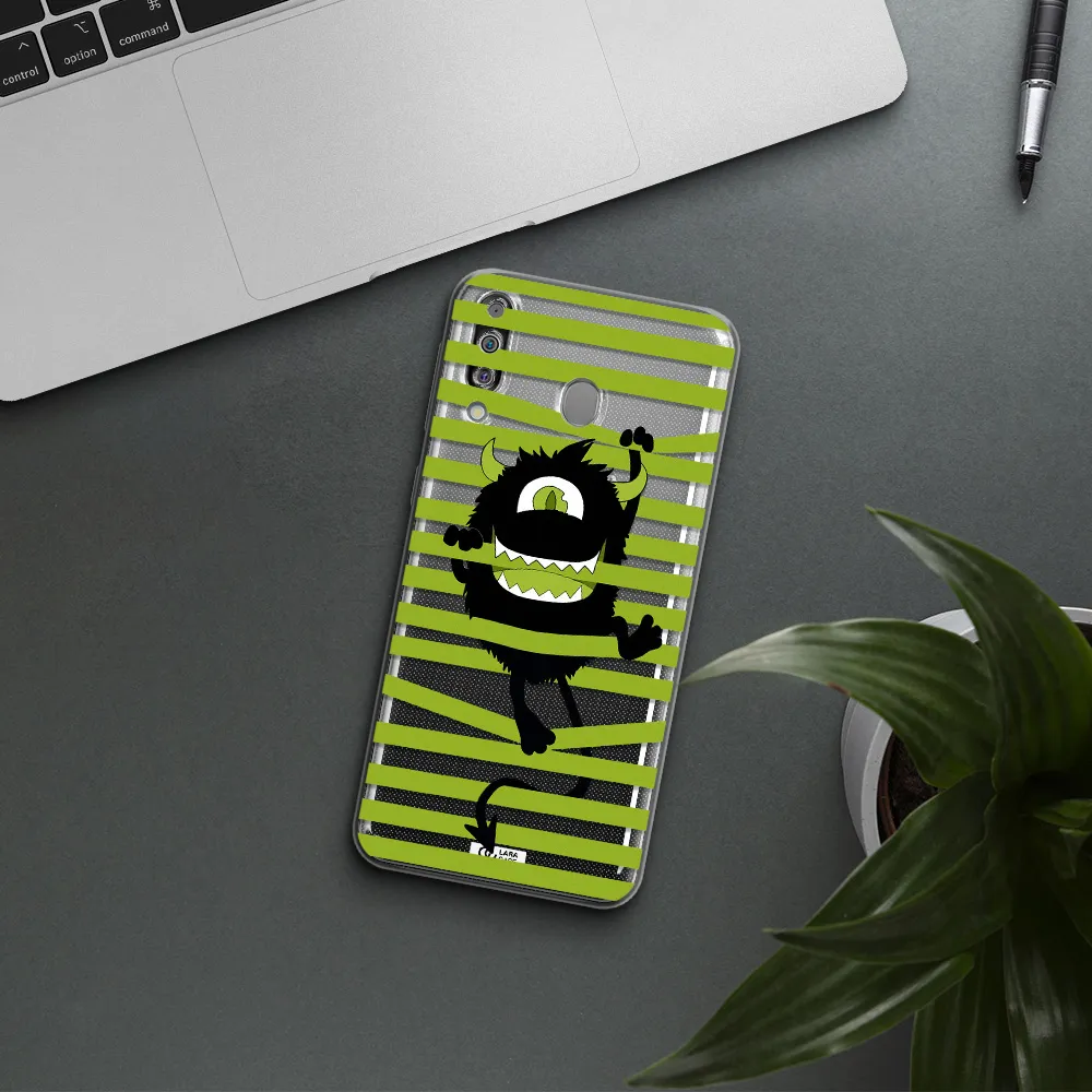 a black monster with horns and green stripes Samsung M30 Clear TPU Case