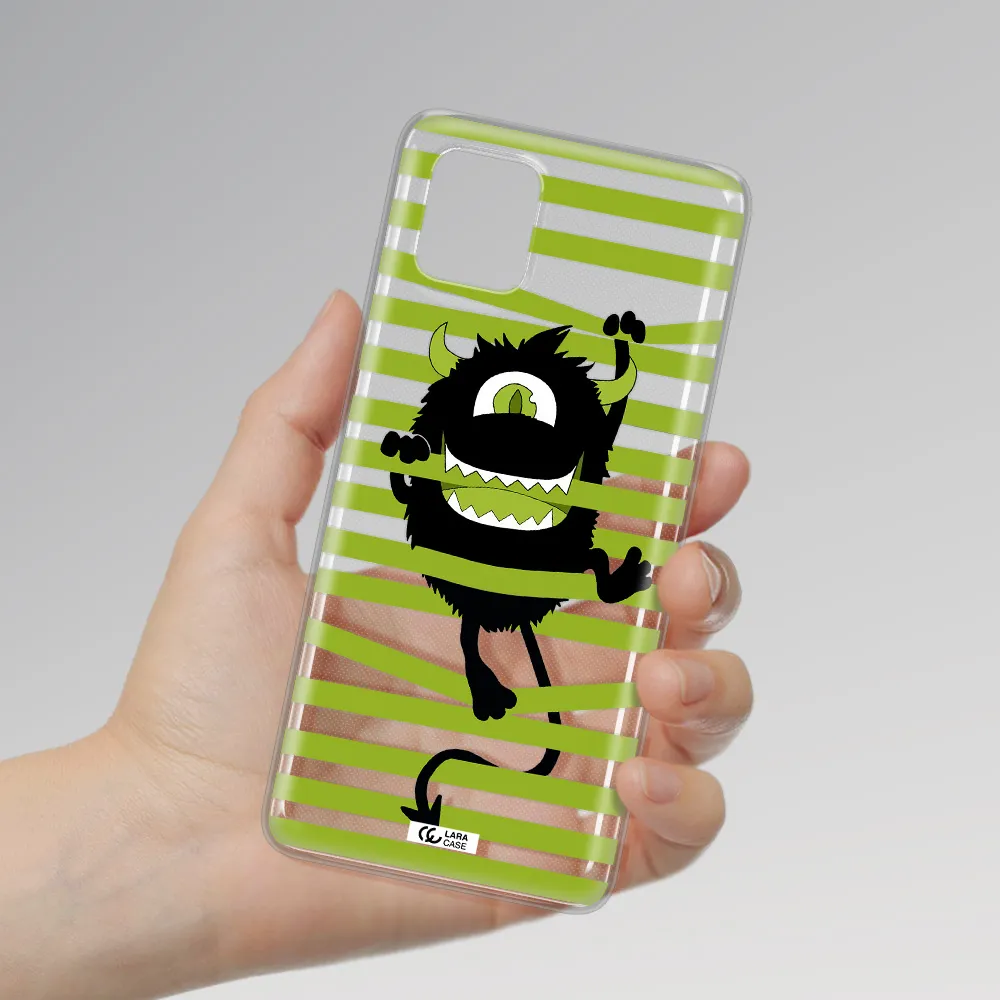a black monster with horns and green stripes Samsung Note 10 Lite Clear TPU Case