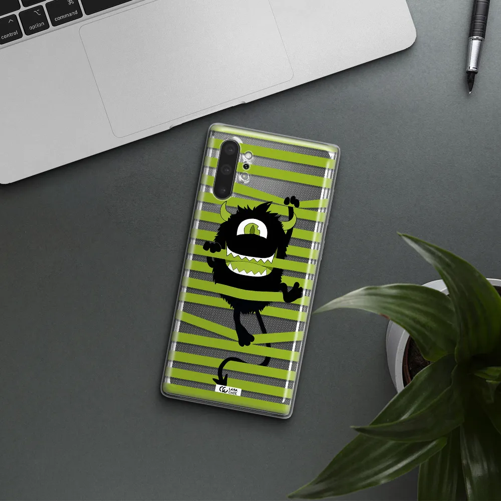 a black monster with horns and green stripes Samsung Note 10 Plus Clear TPU Case