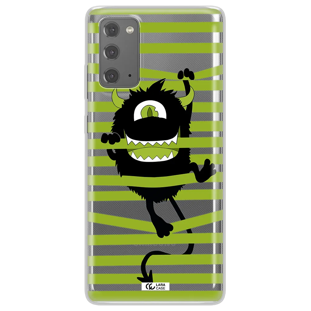 a black monster with horns and green stripes Samsung Note 20 Clear TPU Case