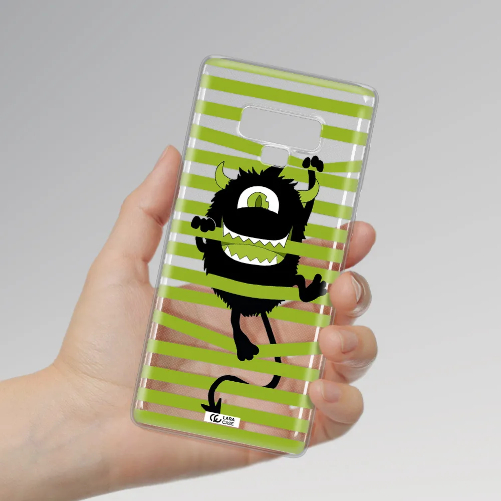 a black monster with horns and green stripes Samsung Note 9 Clear TPU Case