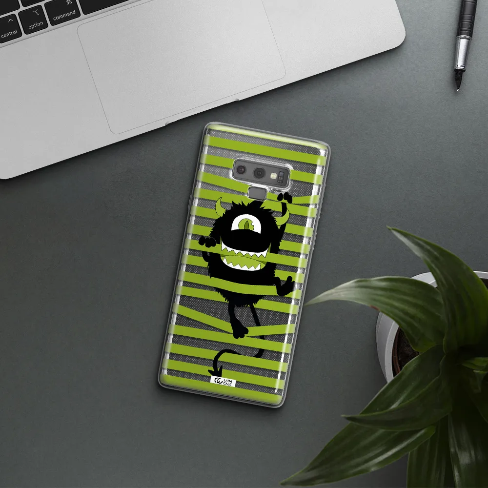 a black monster with horns and green stripes Samsung Note 9 Clear TPU Case