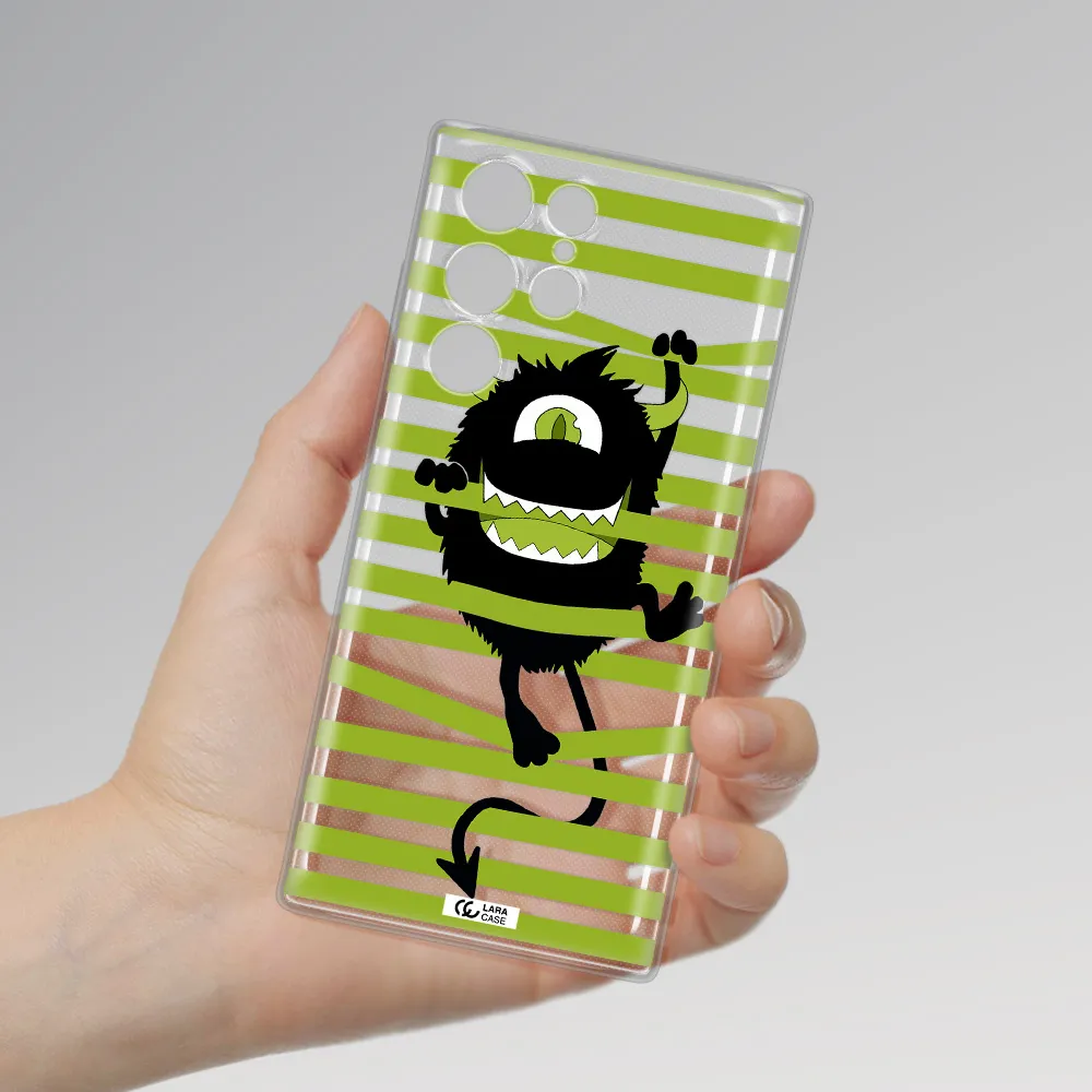 a black monster with horns and green stripes Samsung S 22 Ultra Clear TPU Case