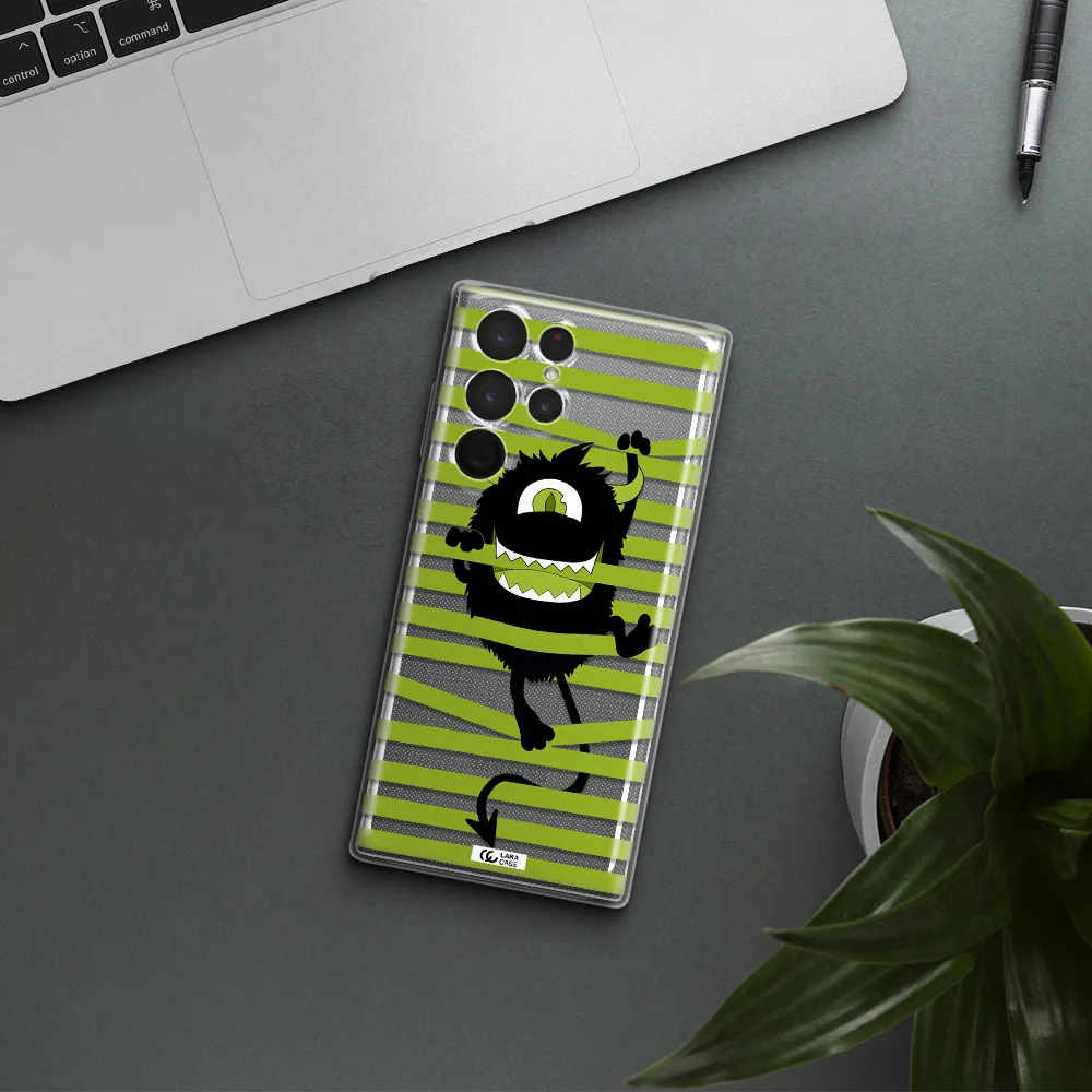 a black monster with horns and green stripes Samsung S 22 Ultra Clear TPU Case