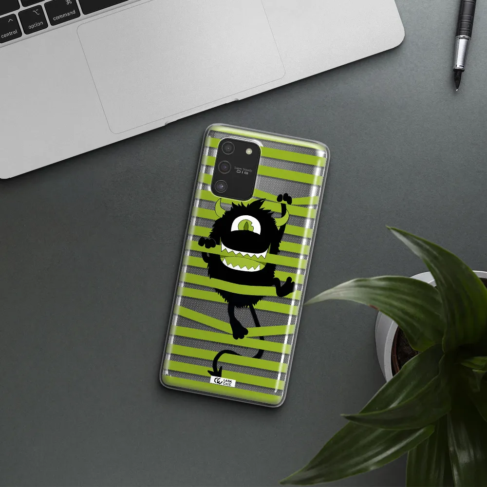 a black monster with horns and green stripes Samsung S10 Lite Clear TPU Case