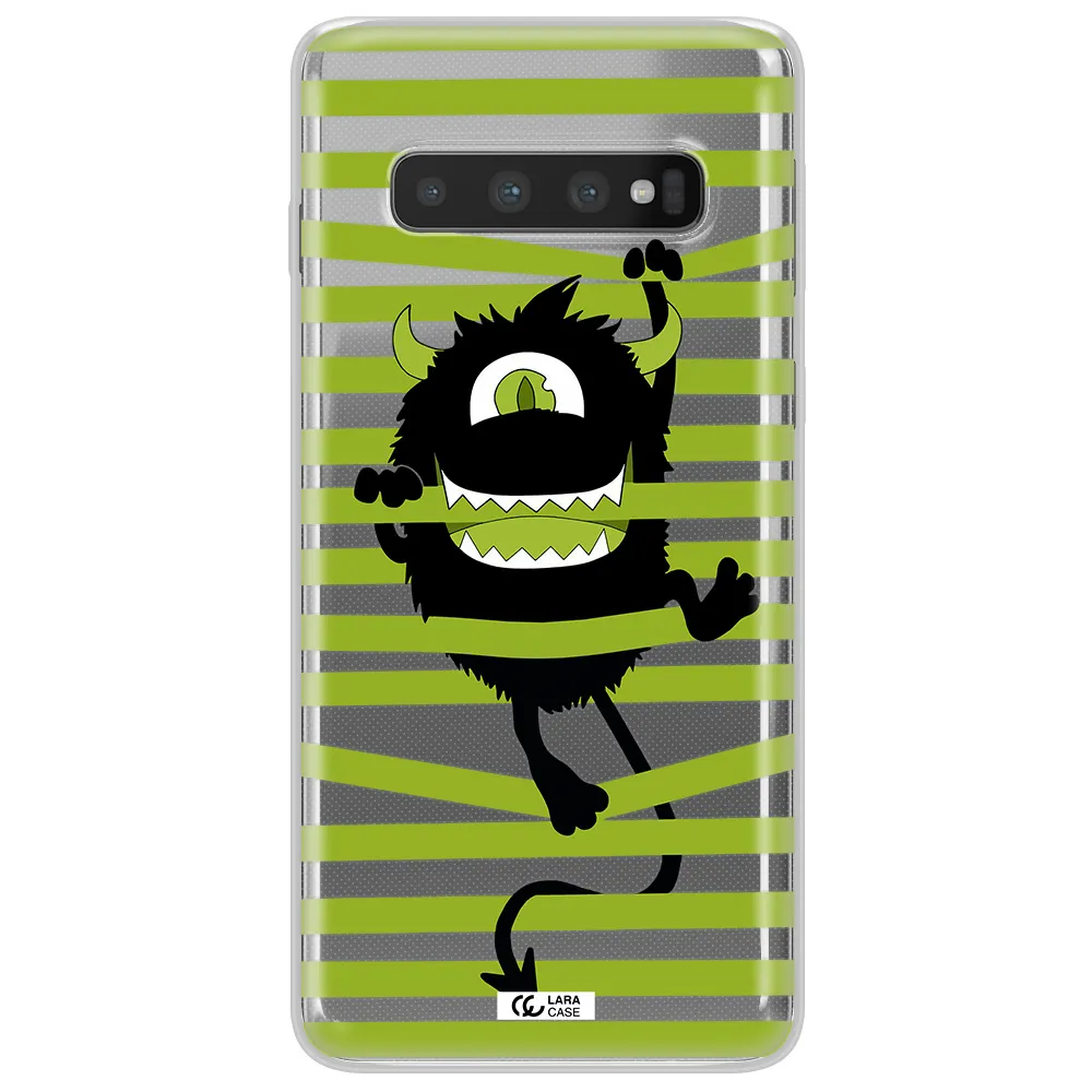 a black monster with horns and green stripes Samsung S10 Plus Clear TPU Case