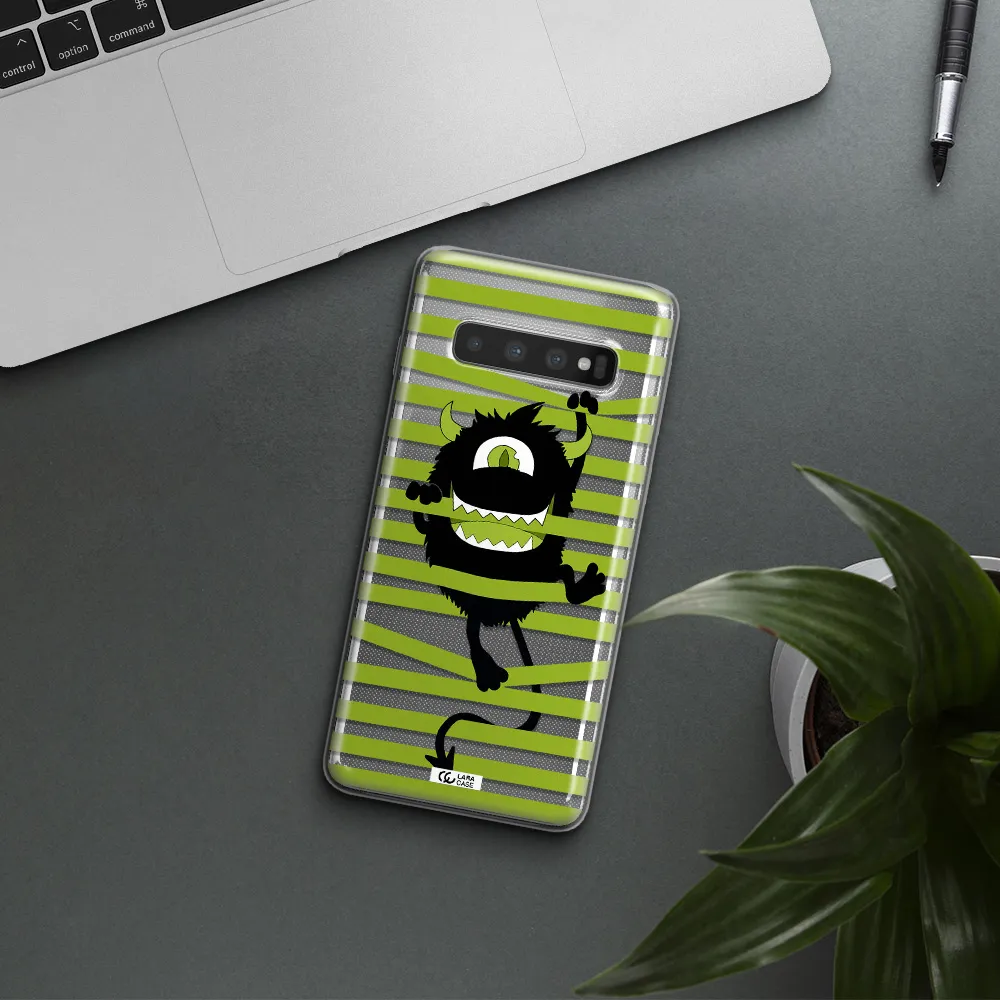a black monster with horns and green stripes Samsung S10 Plus Clear TPU Case