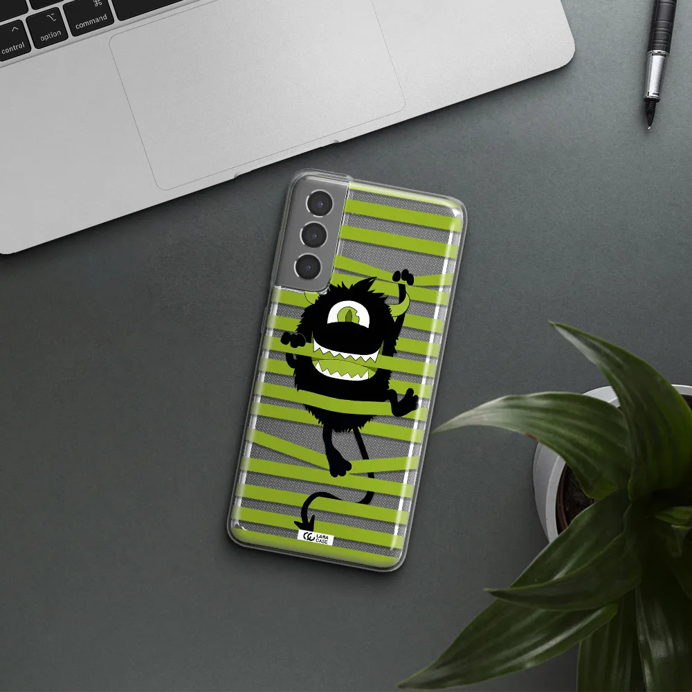 a black monster with horns and green stripes Samsung S21 Clear TPU Case