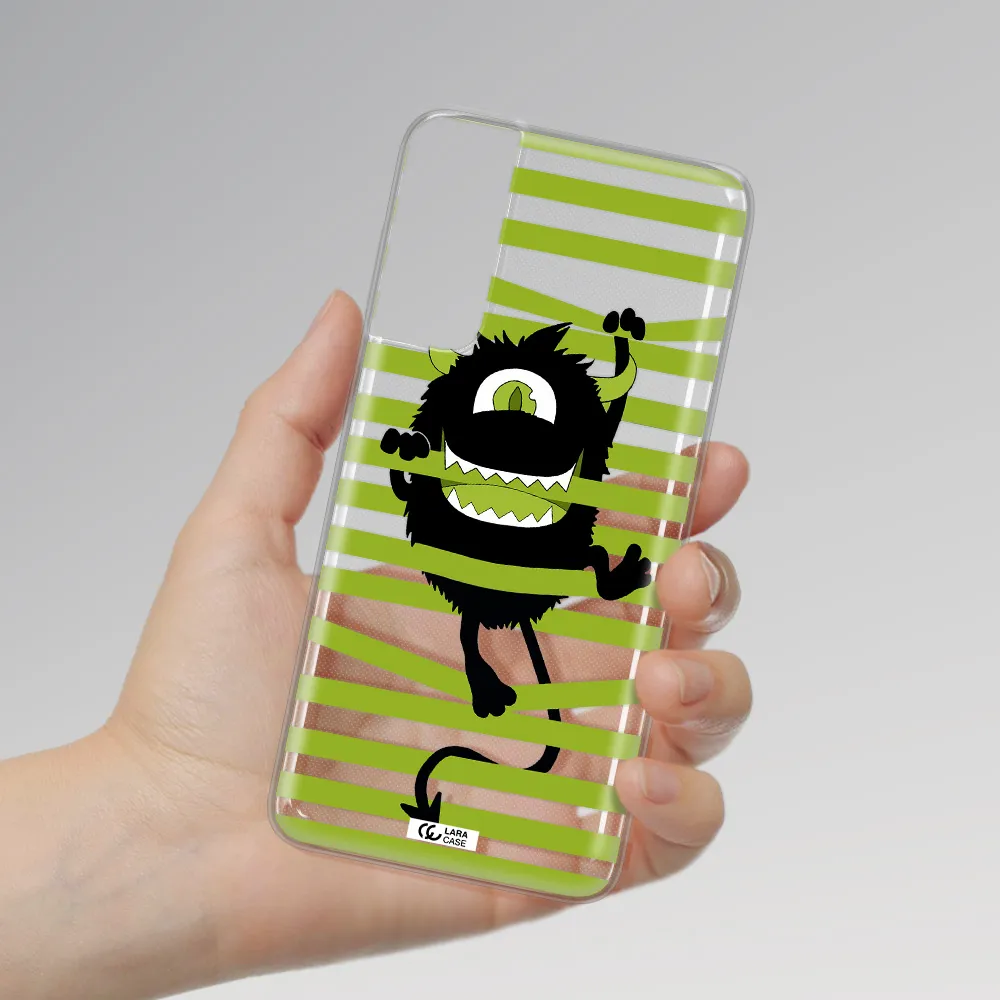 a black monster with horns and green stripes Samsung S21 Plus Clear TPU Case