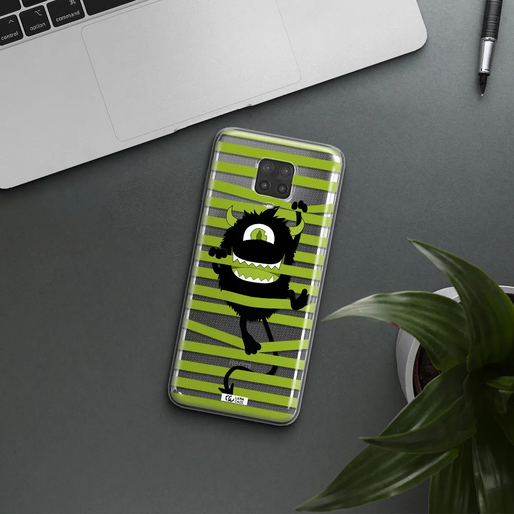 a black monster with horns and green stripes Xiaomi Note 9 Pro Clear TPU Case