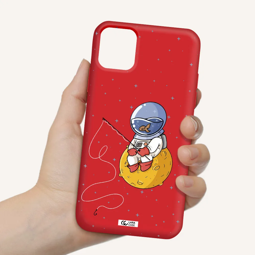 a cartoon of an astronaut sitting on a moon Apple iPhone 11 Silicone Imperial Red Case