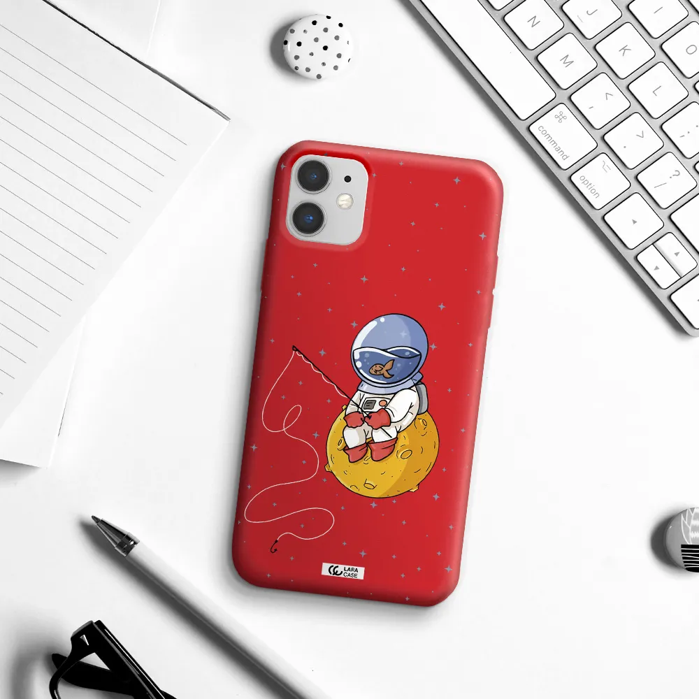 a cartoon of an astronaut sitting on a moon Apple iPhone 11 Silicone Imperial Red Case