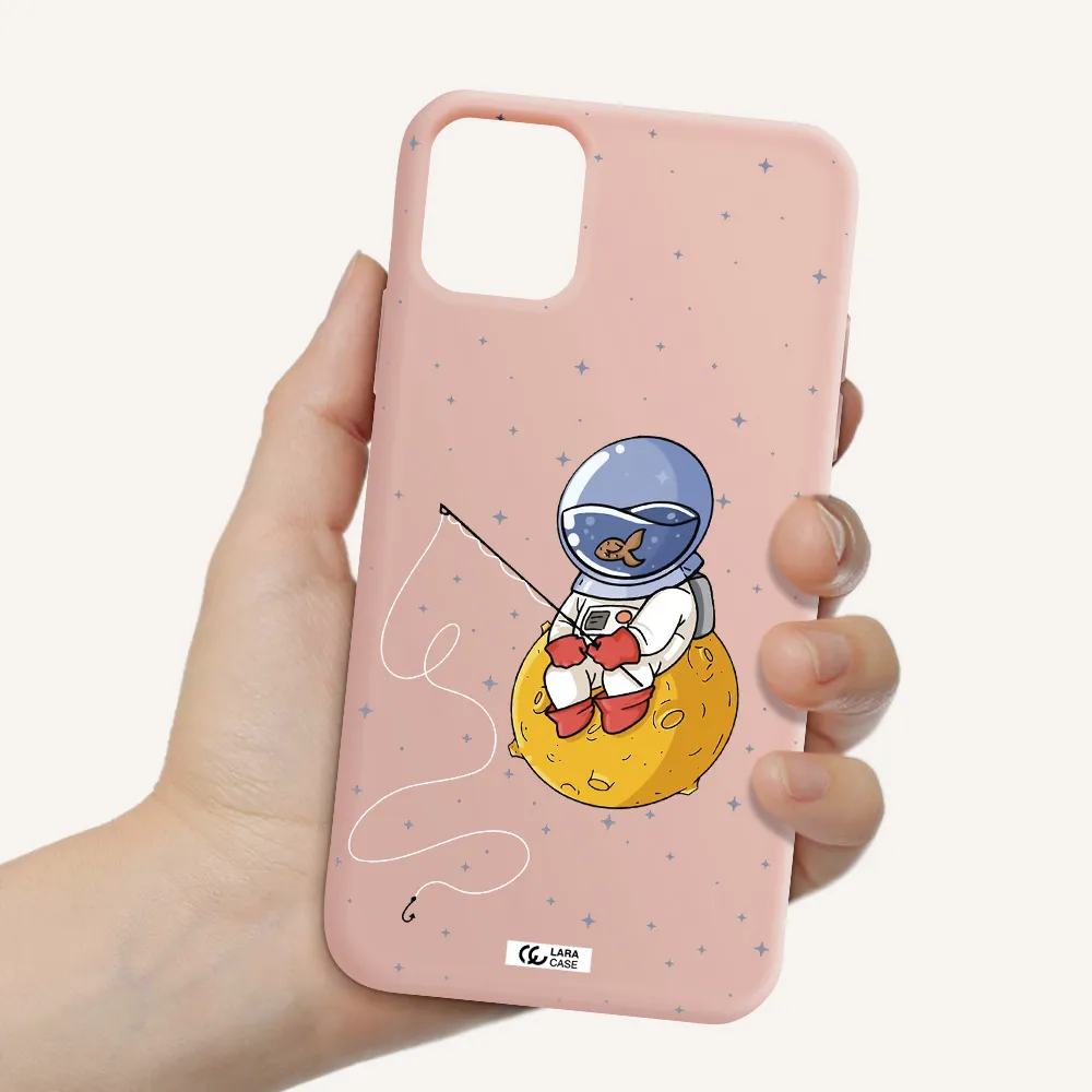 a cartoon of an astronaut sitting on a moon Apple iPhone 11 Silicone pastel pink Case