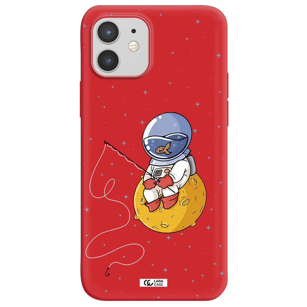 a cartoon of an astronaut sitting on a moon Apple iPhone 12 mini Silicone Imperial Red Case