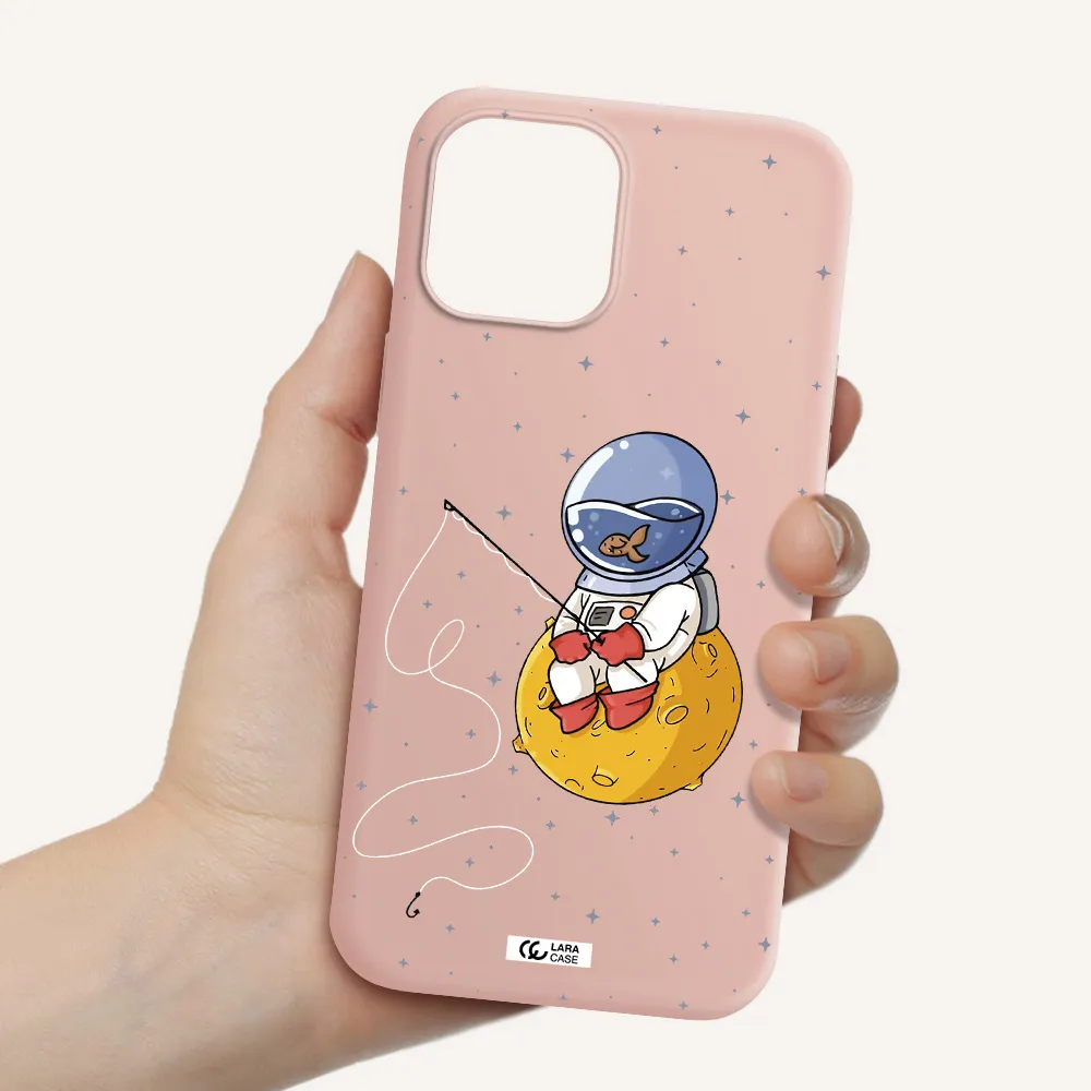 a cartoon of an astronaut sitting on a moon Apple iPhone 12 pro max Silicone pastel pink Case