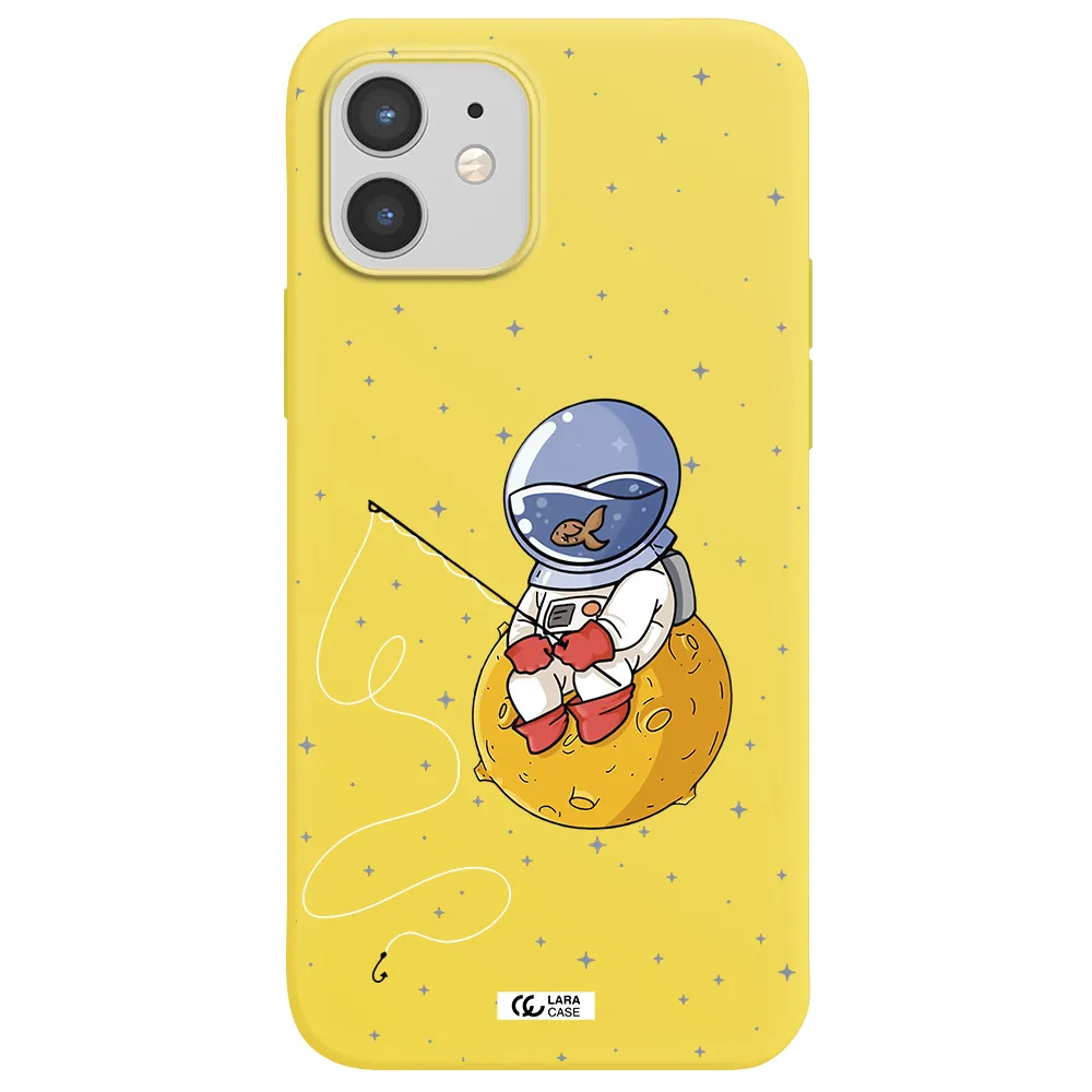 a cartoon of an astronaut sitting on a moon Apple iPhone 12 Silicone canary yellow Case