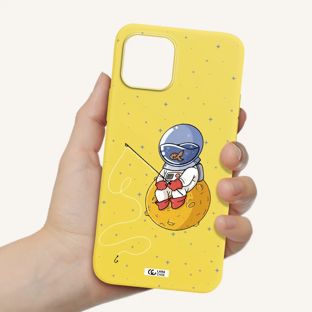 a cartoon of an astronaut sitting on a moon Apple iPhone 12 Silicone canary yellow Case