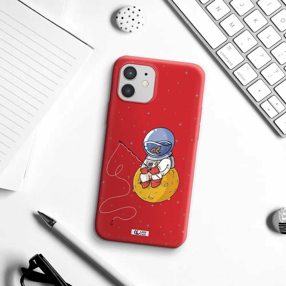 a cartoon of an astronaut sitting on a moon Apple iPhone 12 Silicone Imperial Red Case