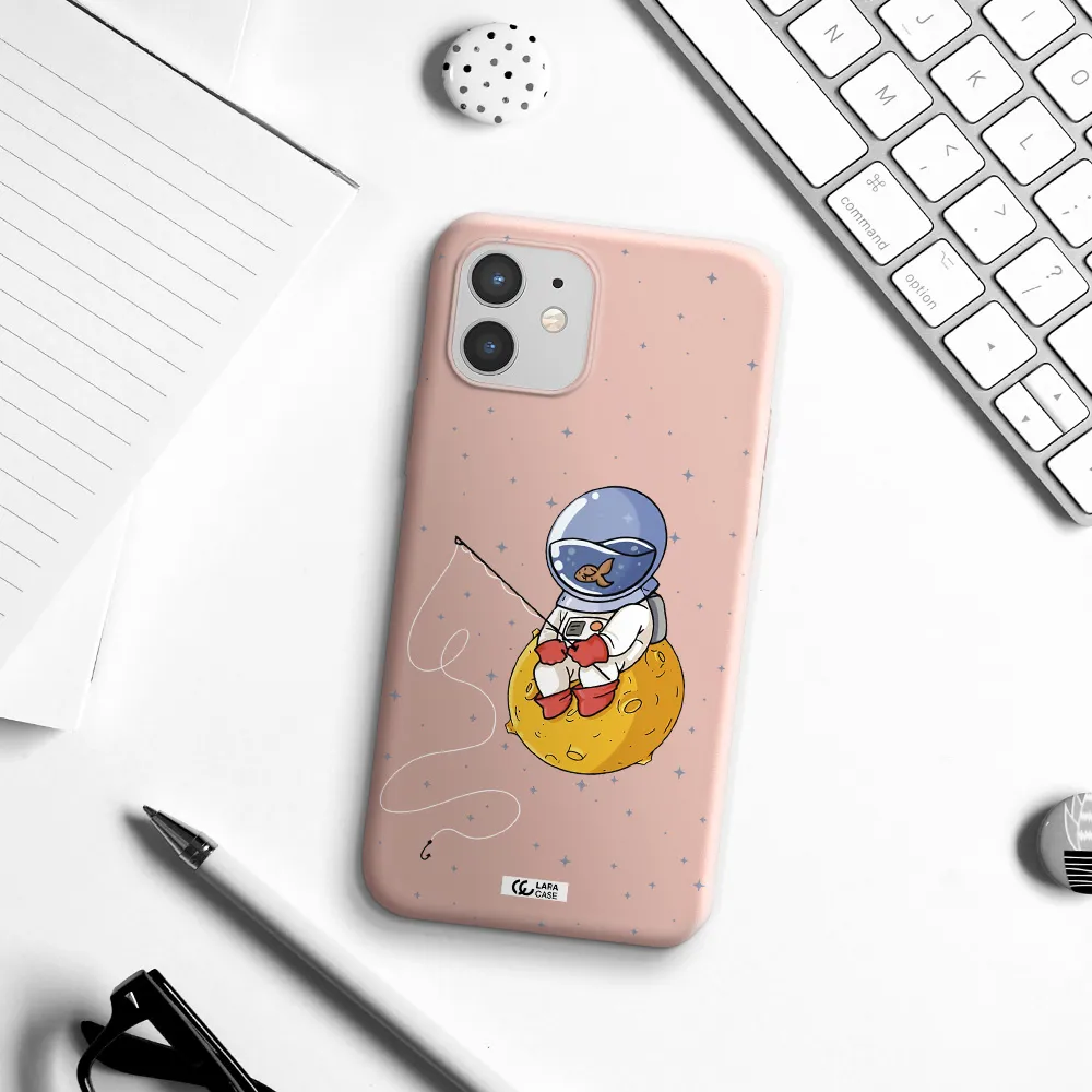a cartoon of an astronaut sitting on a moon Apple iPhone 12 Silicone pastel pink Case