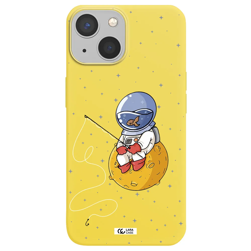 a cartoon of an astronaut sitting on a moon Apple iPhone 13 mini Silicone canary yellow Case
