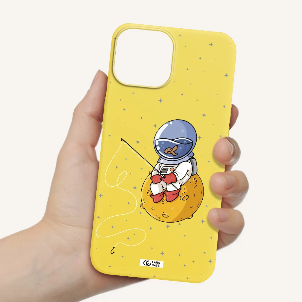 a cartoon of an astronaut sitting on a moon Apple iPhone 13 mini Silicone canary yellow Case