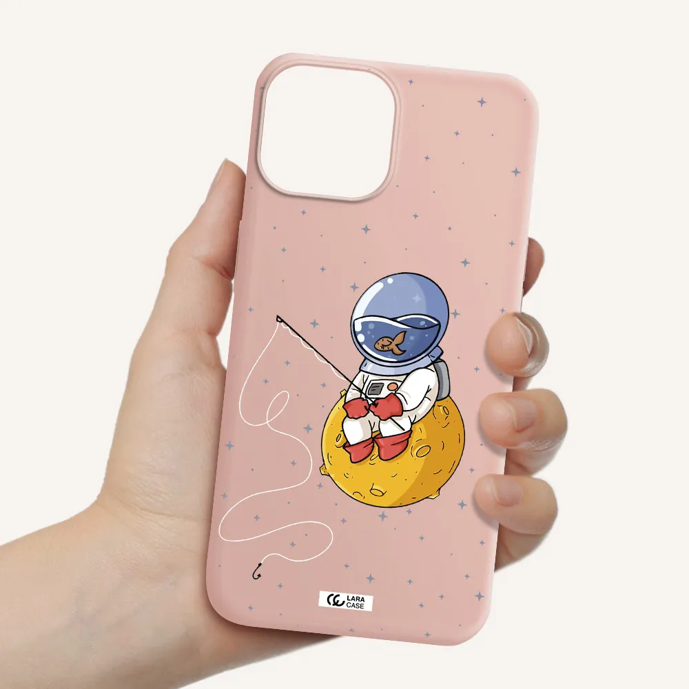 a cartoon of an astronaut sitting on a moon Apple iPhone 13 mini Silicone pastel pink Case