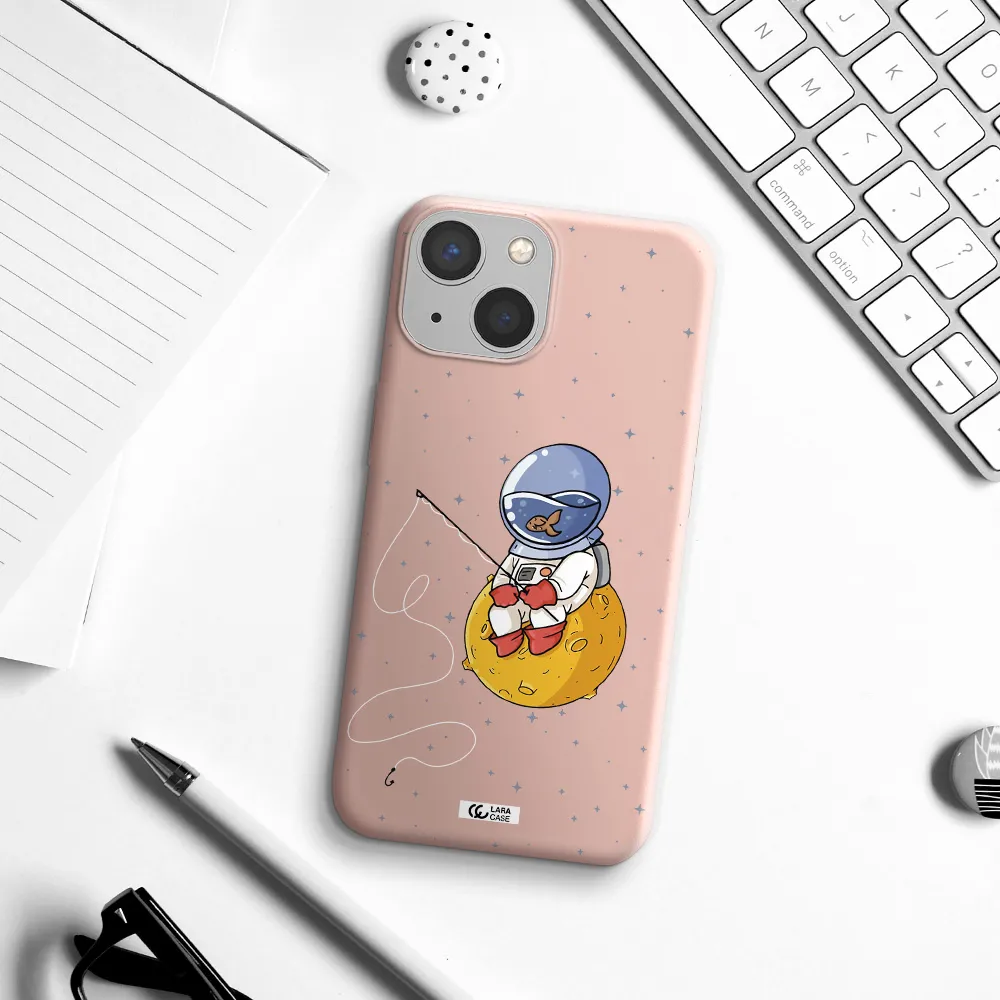 a cartoon of an astronaut sitting on a moon Apple iPhone 13 mini Silicone pastel pink Case