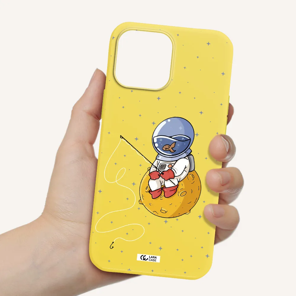 a cartoon of an astronaut sitting on a moon Apple iPhone 13 Pro Max Silicone canary yellow Case