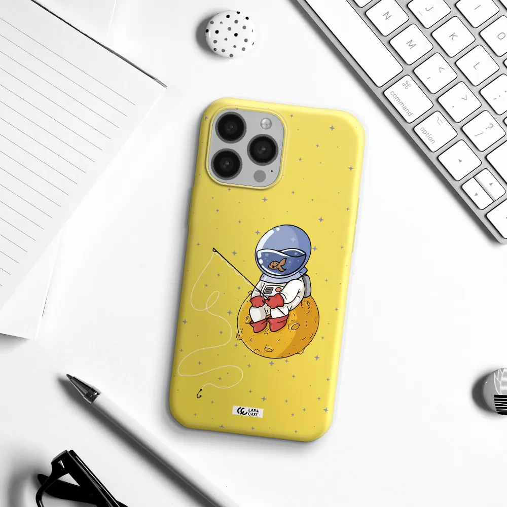 a cartoon of an astronaut sitting on a moon Apple iPhone 13 Pro Max Silicone canary yellow Case