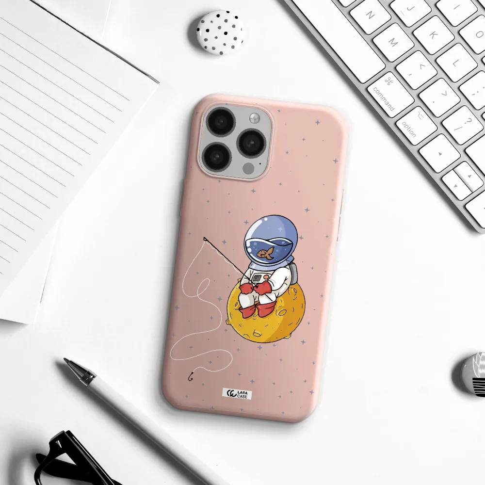 a cartoon of an astronaut sitting on a moon Apple iPhone 13 Pro Max Silicone pastel pink Case