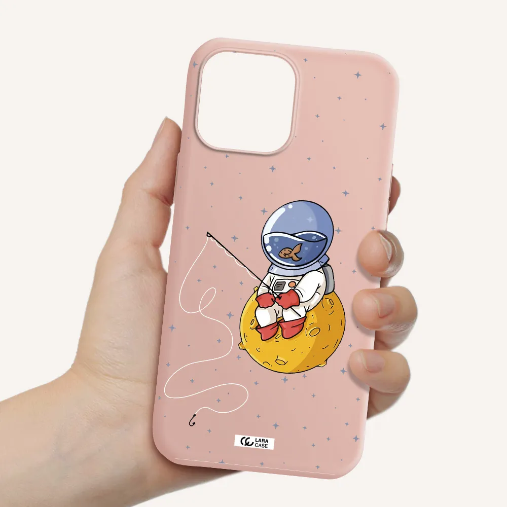 a cartoon of an astronaut sitting on a moon Apple iPhone 13 Pro Silicone pastel pink Case