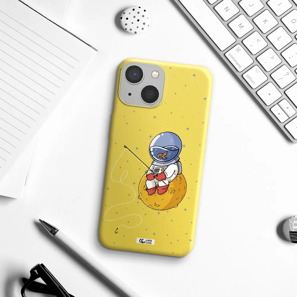 a cartoon of an astronaut sitting on a moon Apple iPhone 13 Silicone canary yellow Case